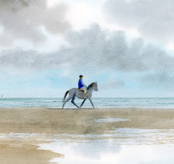 Original watercolour painting, horse rider on stormy beach, A4 size watercolor, original art gift direct from the artist in England UK