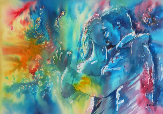 Original Watercolour and Ink 'Dancing In The Shadows' A3 Painting, dance art, couple dancing in watercolors, dancers, abstract, unique