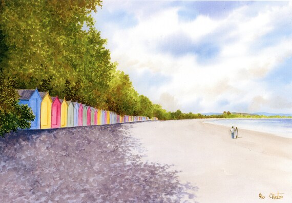 Llanbedrog Beach Huts, Hand finished and personalised very limited edition print on watercolour paper, couple on beach, Llŷn peninsula Wales