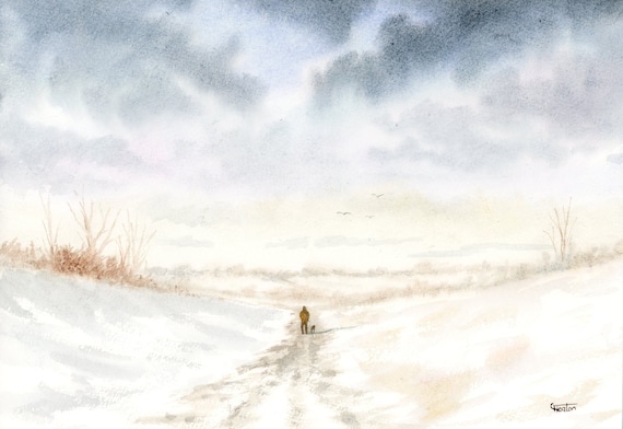 Original watercolour painting, figure and dog in winter snow, A4 size watercolor, original art gift direct from the artist in England UK,