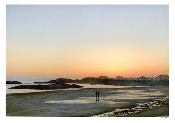 Trearddur Bay Hand finished Limited edition, mounted to fit a 20" x 16" frame, Trearddur Sunset, Anglesey, Wales, watercolour unique art