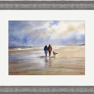 Original watercolour painting 'Golden Days' , couple and Golden Retriever dog on beach, A3 size art on 100% cotton Arches paper by G Heaton image 7
