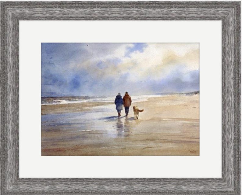 Original watercolour painting 'Golden Days' , couple and Golden Retriever dog on beach, A3 size art on 100% cotton Arches paper by G Heaton image 7