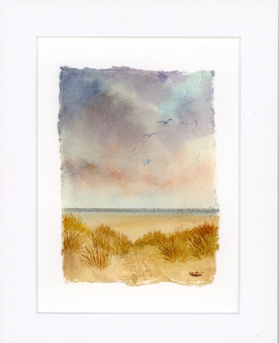 Original mounted deckled edged watercolour beach painting on handmade paper, Ainsdale beach sand dunes near Southport, mounted for 10" x 8"