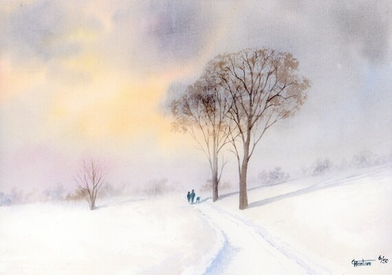 Hand finished and personalised very limited edition print on watercolour paper 'A Winter's Tale', couple and dog in snow, unique art gift