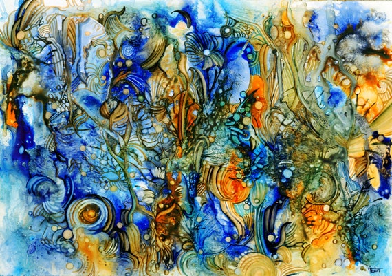 Original A3 abstract watercolour painting, 'Rebound' painted on Yupo paper, modern art, Blue, Turquoise, orange, direct from artist in UK