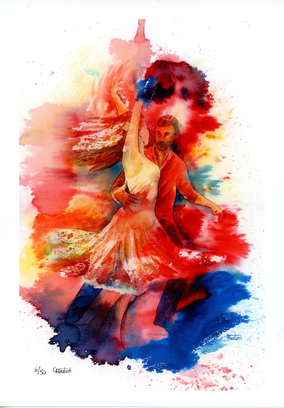 Limited edition just 50 worldwide fine art A4 print from an original watercolour 'We'll Dance Again' signed and numbered, Salsa dancers