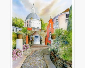 Portmeirion 'The Dome' numbered 15 out of 50 mounted 14" x 11" very limited edition print, from an original watercolour and ink painting A4