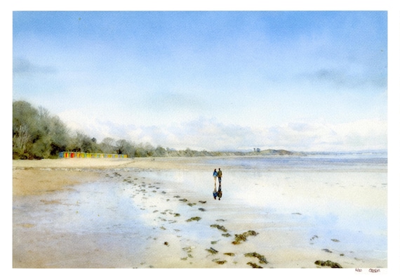 Llanbedrog, hand finished, mounted very limited edition print, hand painted figures on beach, personalised artwork, unique art, painting