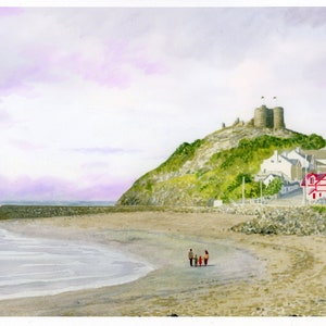 Criccieth beach, Hand finished very limited edition print on watercolour paper, hand painted figures on beach, can be personalised to order