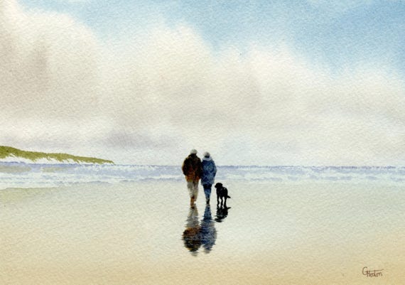 Original watercolour painting couple and Labrador dog on beach, bevel mounted hand painted unique art to fit 12 x 10 inch frame,
