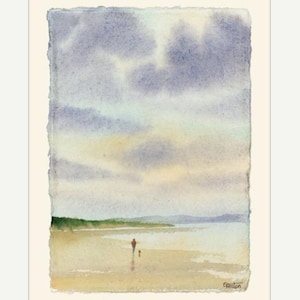 Figura e cane sulla spiaggia di Llanddwyn vicino a Newborough, Anglesey, dipinto originale ad acquerello su carta fatta a mano, montato su cornice da 12 x 10 pollici