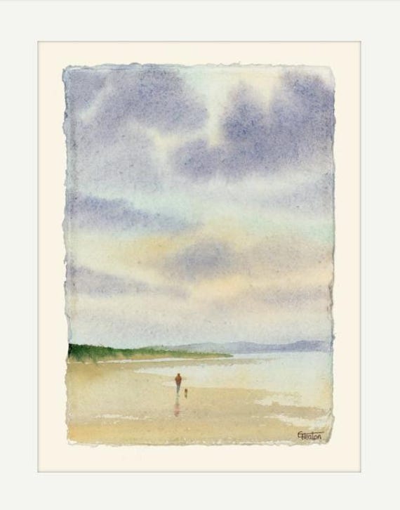 Figure & dog on Llanddwyn beach near Newborough, Anglesey, Original watercolour painting on handmade paper, mount to fit 12 x 10 inch frame