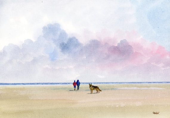 Original watercolour painting, German Shepherd Dog on beach, A4 size watercolor original unique art gift direct from the artist, England UK