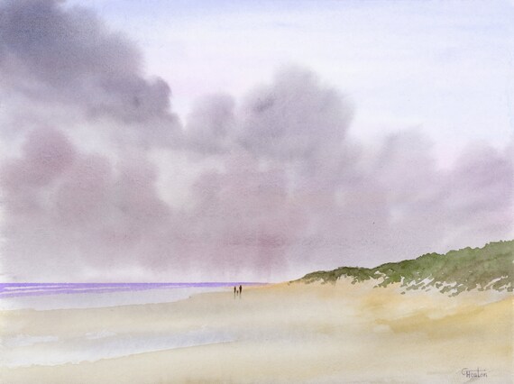 Original watercolour painting, couple and dog on beach, 32 cm x 24 cm watercolor art, storm clouds and sand dunes direct from the artist  UK