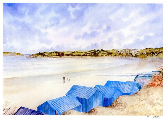 New for 2021 'Beach Huts, Abersoch', Hand finished couple and dogs very limited edition print on watercolour paper, hand painted art gift