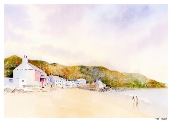 Ty Coch, Porthdinllaen, Hand finished and personalised very limited edition print on watercolour paper, couple on Morfa Nefyn beach, art