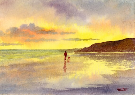 Original small watercolour beach painting, 'Black Rock Sunset' original art figure and dog on sunset beach, hand painted watercolor gift A5