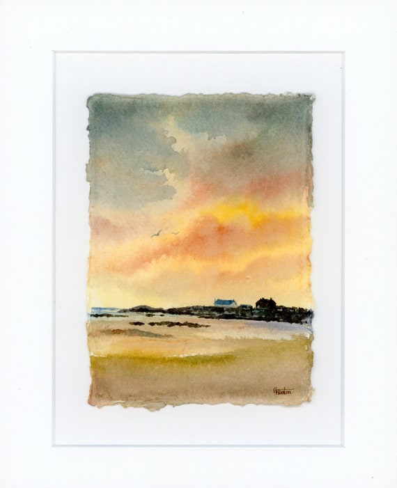 Original mounted deckled edged watercolour beach painting Trearddur Bay, Anglesey on handmade paper, sunset beach. Art gift UK