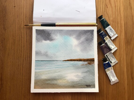 Whistling Sands, Porthor beach, Wales. Square small original watercolour stormy beach painting, hand painted watercolor art gift, UK artist