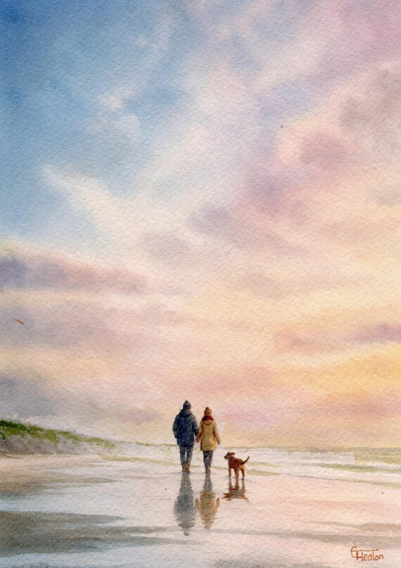 Original watercolour painting couple and Staffie dog on beach, bevel mounted unique art to fit 12 x 10 inch frame, ideal Christmas gift