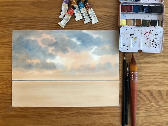 Ready to finish original A4 size watercolour painting, personalised for a bespoke finish, stormy beach, figures to be added, unique art gift