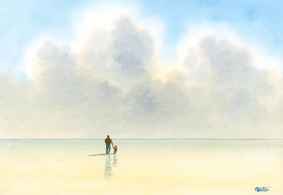 Original watercolour painting, 'A Walk With Daddy' man and child on beach, A4 size 297mm x 214mm (11.5" x 8.25") watercolor unique gift Dad