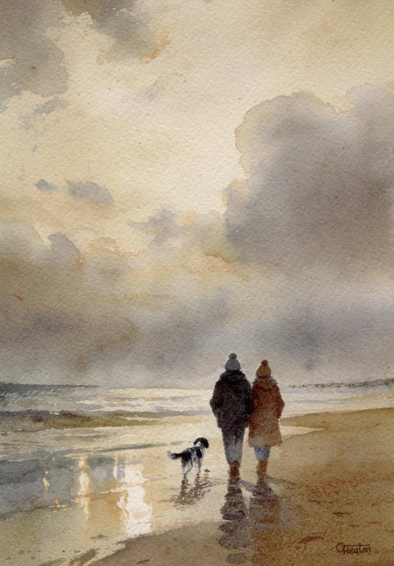 Original watercolour painting couple and Springer Spaniel dog on beach, bevel mounted hand painted unique art to fit 12 x 10 inch frame,