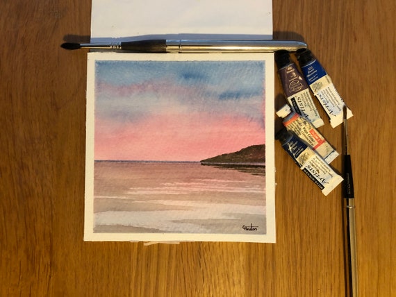 Cable Bay, Anglesey. Square small original watercolour twilight beach painting, affordable hand painted delicate watercolor gift, UK
