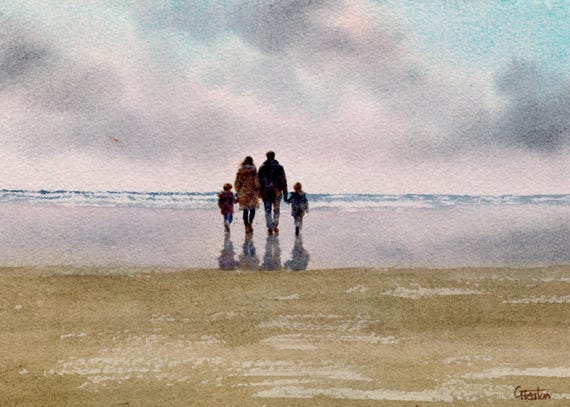 Original watercolour painting family on beach, bevel mounted hand painted unique art to fit 12 x 10 inch frame, couple and children, gift