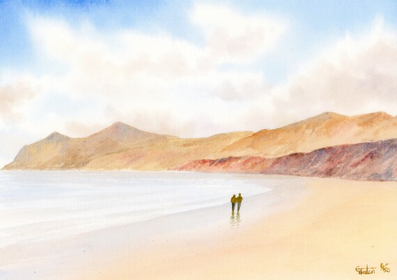 Morfa Nefyn beach, hand finished very limited edition print on watercolour paper, 'The Rivals' couple on beach, Yr Eifl mountains in Wales