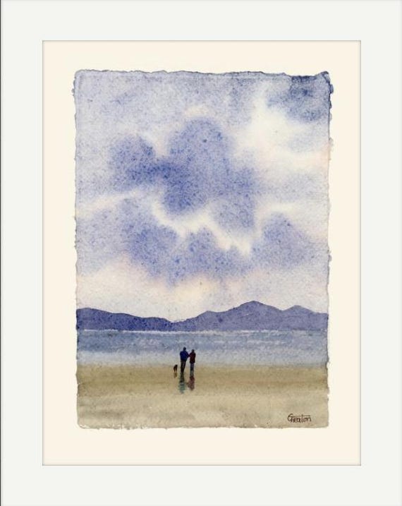 Original watercolour painting on handmade deckle edged paper, couple & dog on Anglesey beach, mounted to fit 12 x 10 inch frame by G. Heaton