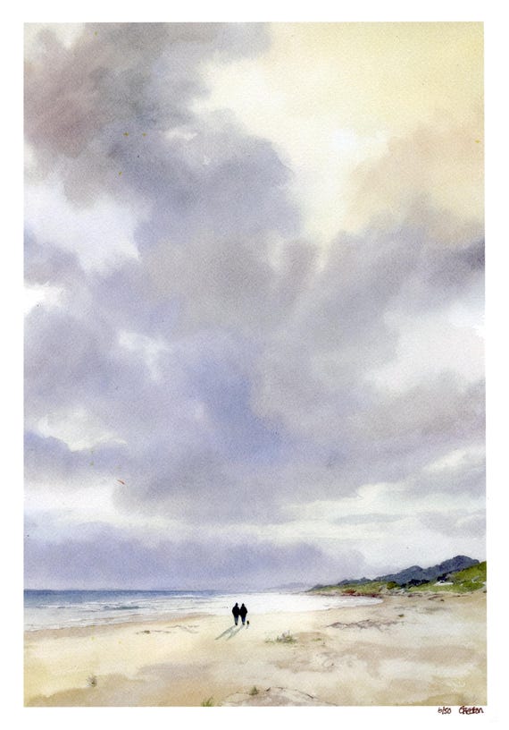 Limited edition print 'Peace And Quiet', mounted 14" x 11" or 20" x 16", couple and dog on beach from watercolour painting, from UK artist