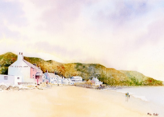 Ty Coch, Porthdinllaen, Hand finished and personalised very limited edition print on watercolour paper, couple and dog on Morfa Nefyn beach