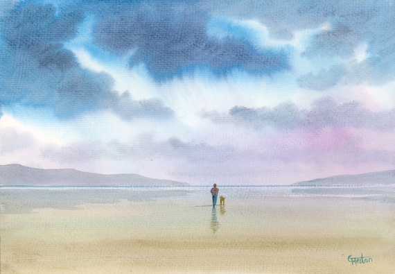 Original watercolour painting, 'A Peaceful Stroll' figure and dog on beach, A4 size 297mm x 214mm (11.5" x 8.25") watercolor unique gift