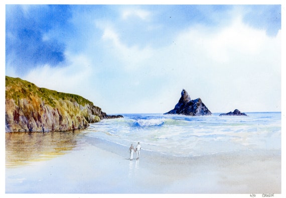 New 2021 Church Rock, Broad Haven beach Hand finished very limited edition print on watercolour paper, Hand painted Couple, personalised art