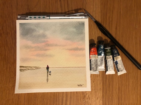 Square small original watercolour beach painting, Lady and Schnauzer dog on beach, affordable hand painted delicate watercolor gift, UK