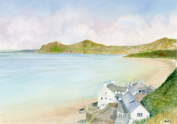 Original watercolour painting, Morfa Nefyn, Wales on 100% cotton Arches paper 26 x 36cm (14" x 10") watercolor, landscape, seascape, beach