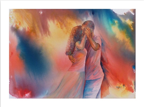 Very limited edition just 25 worldwide fine art print from an original watercolour 'Connection' signed and numbered, Kizomba dancers Tango