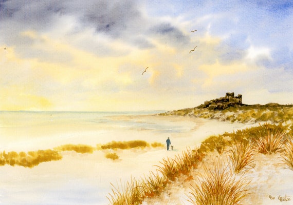Bamburgh Castle, Hand finished and personalised very limited edition print on watercolour paper, figure and dog on beach unique art gift