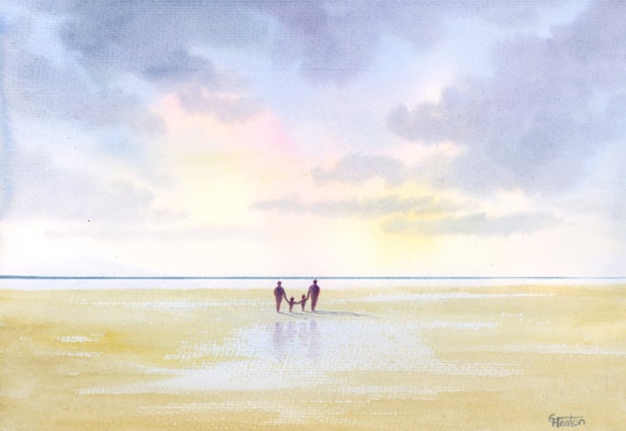 Original watercolour painting, 'The Four Of Us' couple and children on beach, A4 size 297mm x 214mm watercolor, mum, dad, family