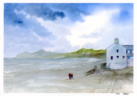 Morfa Nefyn Beach, No 36 out of 50 Hand finished limited edition mounted print on watercolour paper, Couple and little dog, Llyn Peninsula