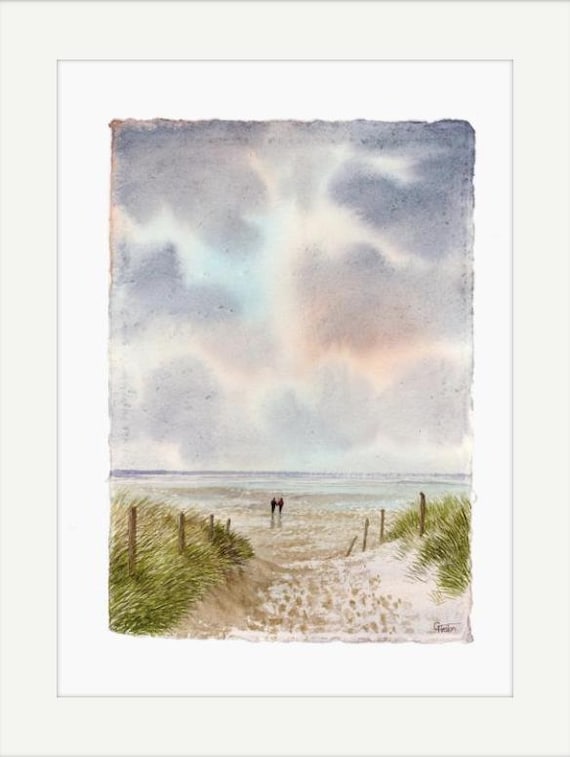 Original watercolour painting on handmade paper, couple on beach, romantic art mounted art to fit 16 x 12 inch frame, Fistral Beach, Newquay