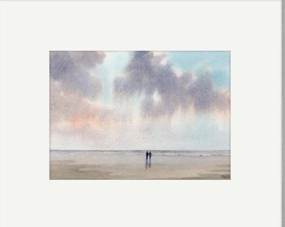 Original watercolour painting, couple walking on stormy beach, bevel mounted hand painted unique art to fit 12 x 10 inch frame by G. Heaton