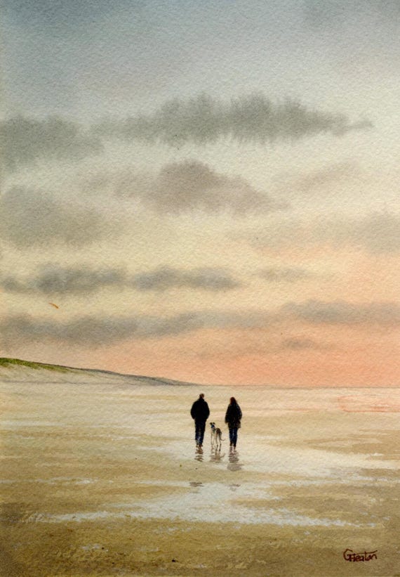 Original watercolour painting, couple and dog on beach, bevel mounted hand painted unique art to fit 12 x 10 inch frame, Whippet, Lurcher