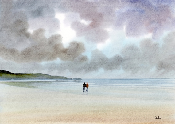 Original watercolour painting, couple on stormy beach, A4 size watercolor, original romantic art gift direct from the artist in England UK