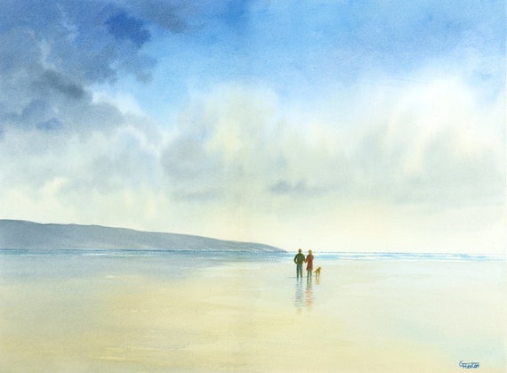 Original 16" x 12" watercolour painting, 'After The Rain' Couple and dog on beach, watercolor, romantic art gift, 100% cotton paper A3
