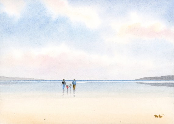 Original small watercolour beach painting, 'Our Family' original art, couple and children on beach, unique gift for parents or grandparents