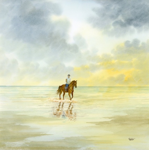 Original watercolour painting, horse on beach square 30cm x 30cm size watercolor, original art gift direct from the artist in England UK