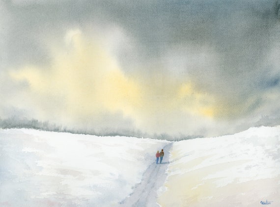 Original 16" x 12" watercolour painting, 'Winter Walk' Couple in snow scene landscape, romantic watercolor, art gift, 100% cotton paper A3